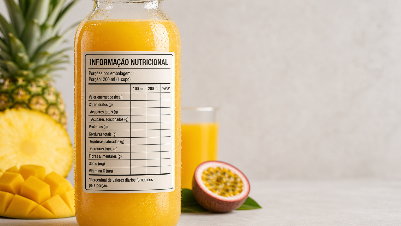 Portuguese nutrition label on juice bottle compliant with ANVISA rules
