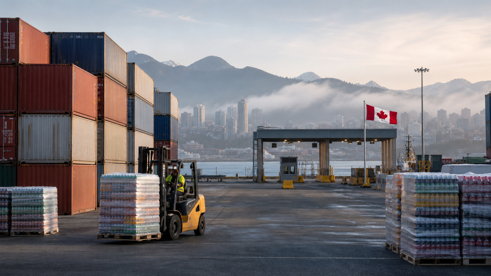 Shipping containers and pallets of drinks at Port of Vancouver customs
