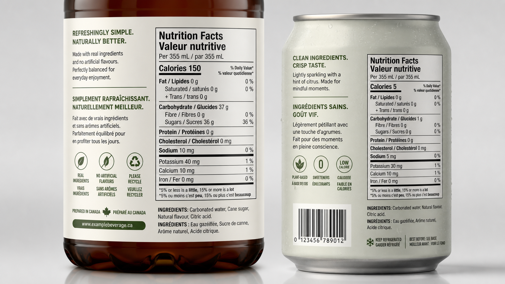 Bilingual English and French beverage label close-up for Canada compliance
