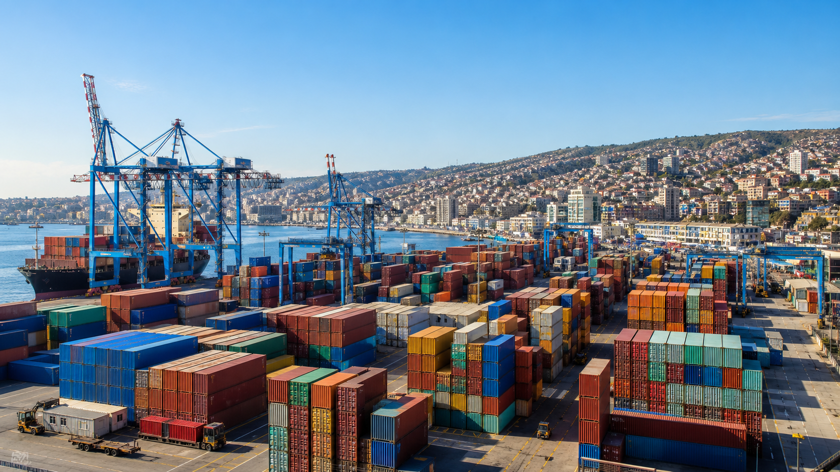 Shipping containers at Port of Valparaso during beverage import operations