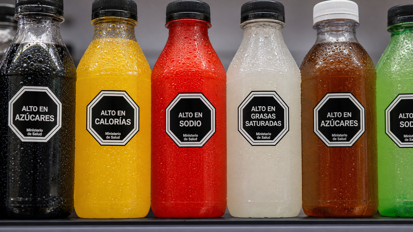Close-up of Chilean black octagon warning labels on beverage bottles
