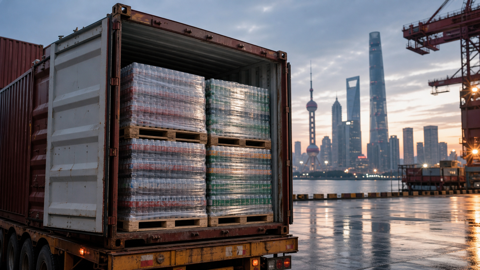 Beverage pallets in a shipping container arriving at Shanghai port