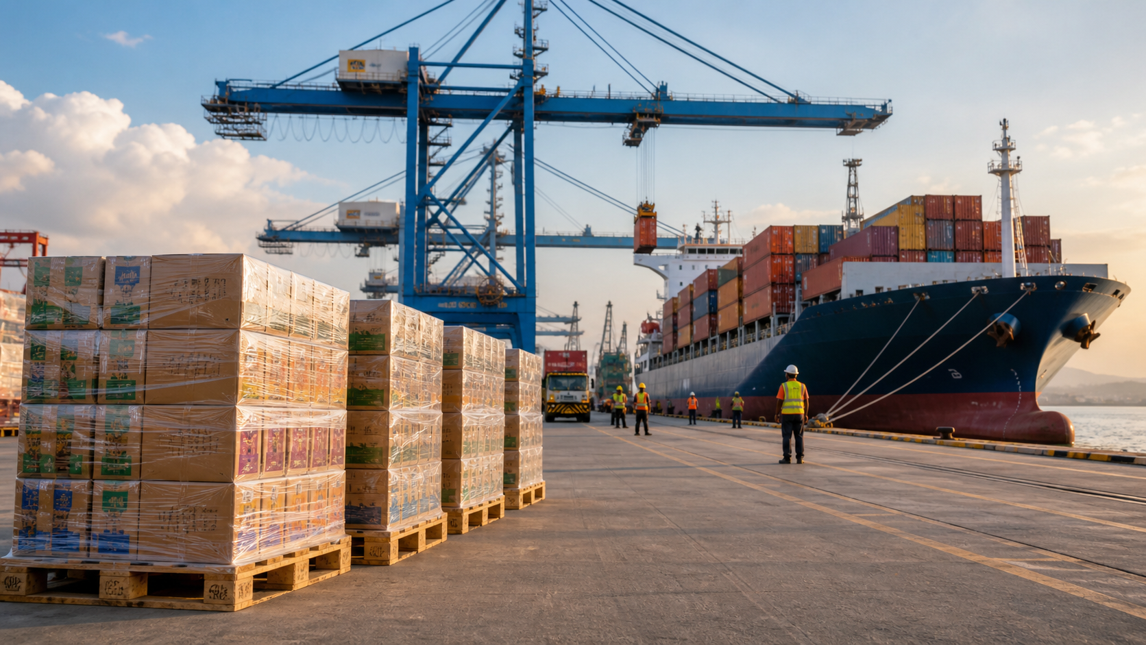 Palletized beverage cartons at Cartagena container port in Colombia