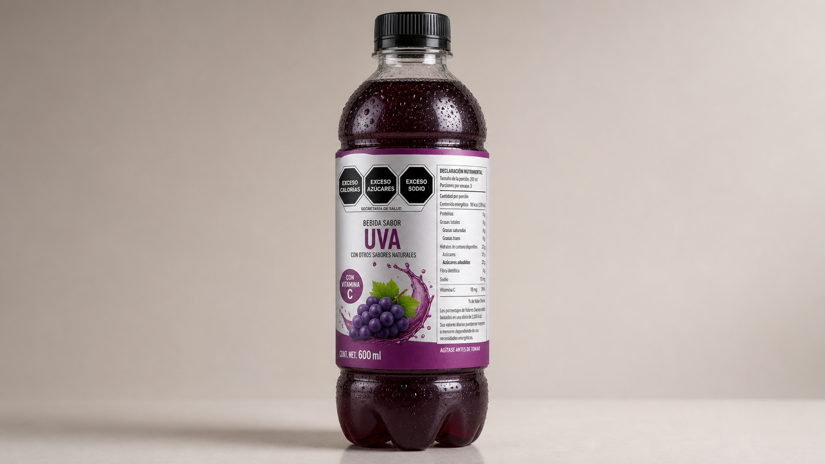 Non-branded drink bottle with Spanish label and front warnings