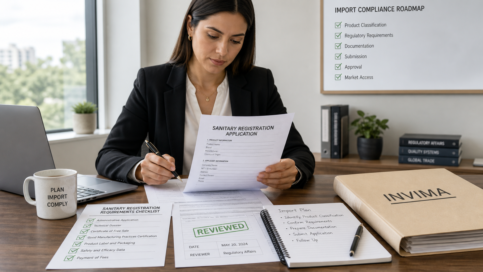 Importer reviewing INVIMA sanitary registration documents in office