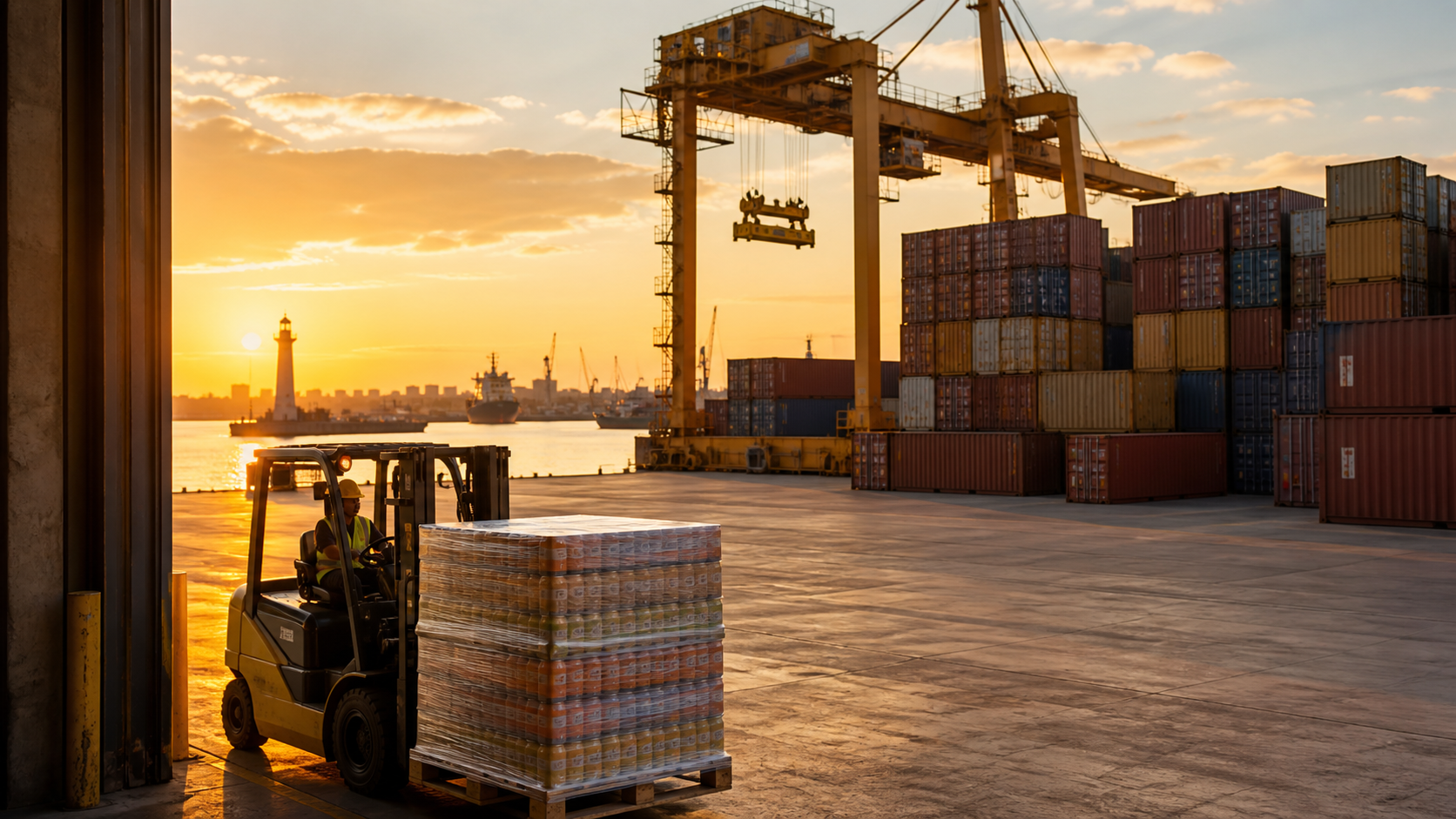 Container terminal at Alexandria port with palletized beverage cartons