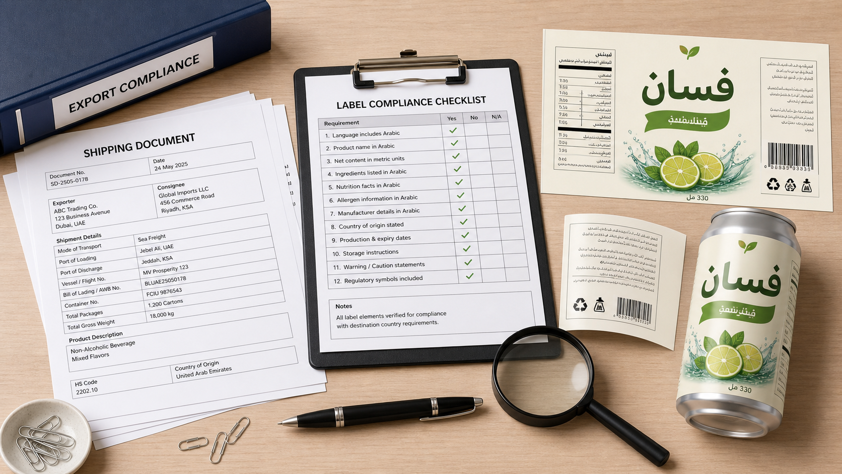 Compliance documents and Arabic labels reviewed on a desk before shipment