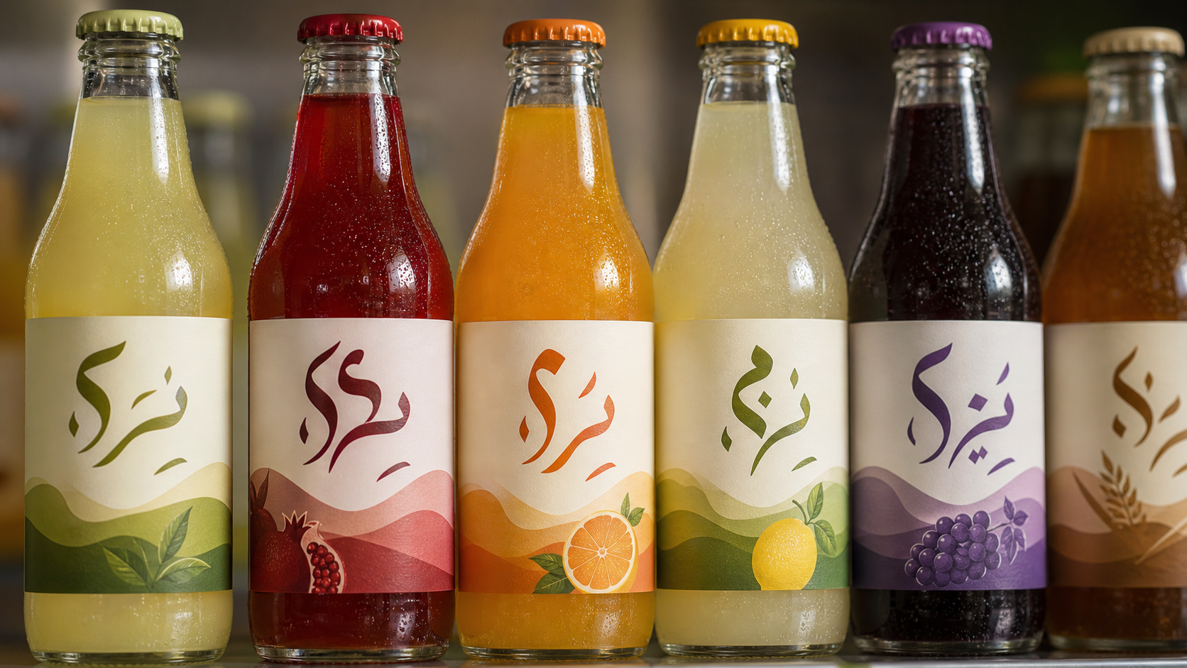Close-up bottles of non-alcoholic drinks with Arabic ingredient labels