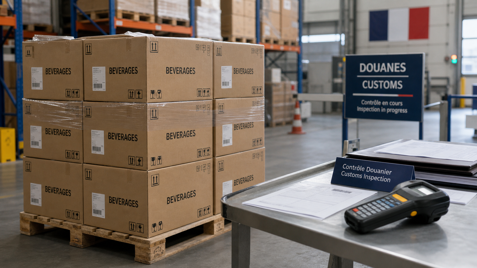 Stacked beverage cartons at French customs inspection area