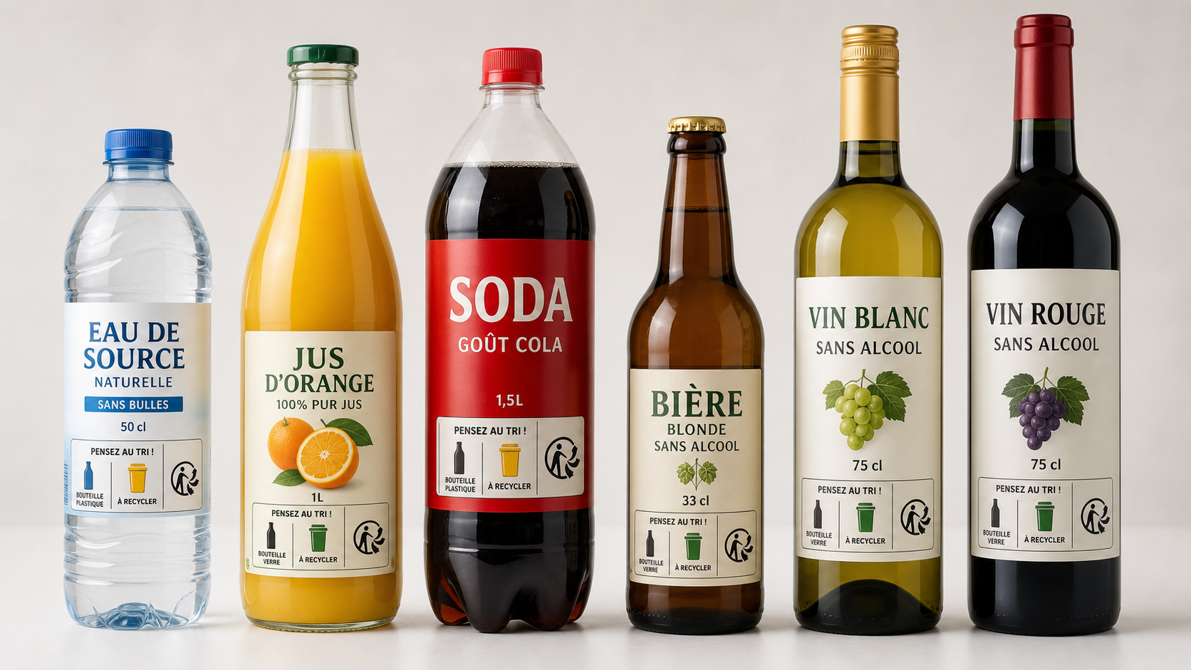 Assortment of bottled drinks with French label and Triman logo