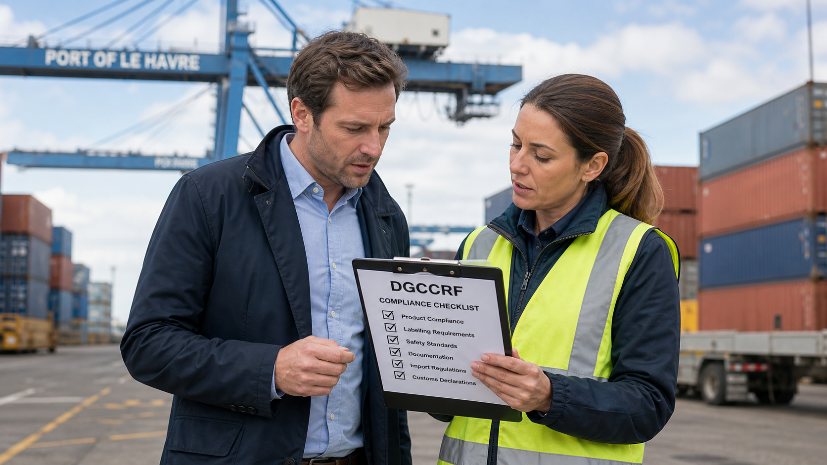 Importer discussing DGCCRF controls with broker at Le Havre port