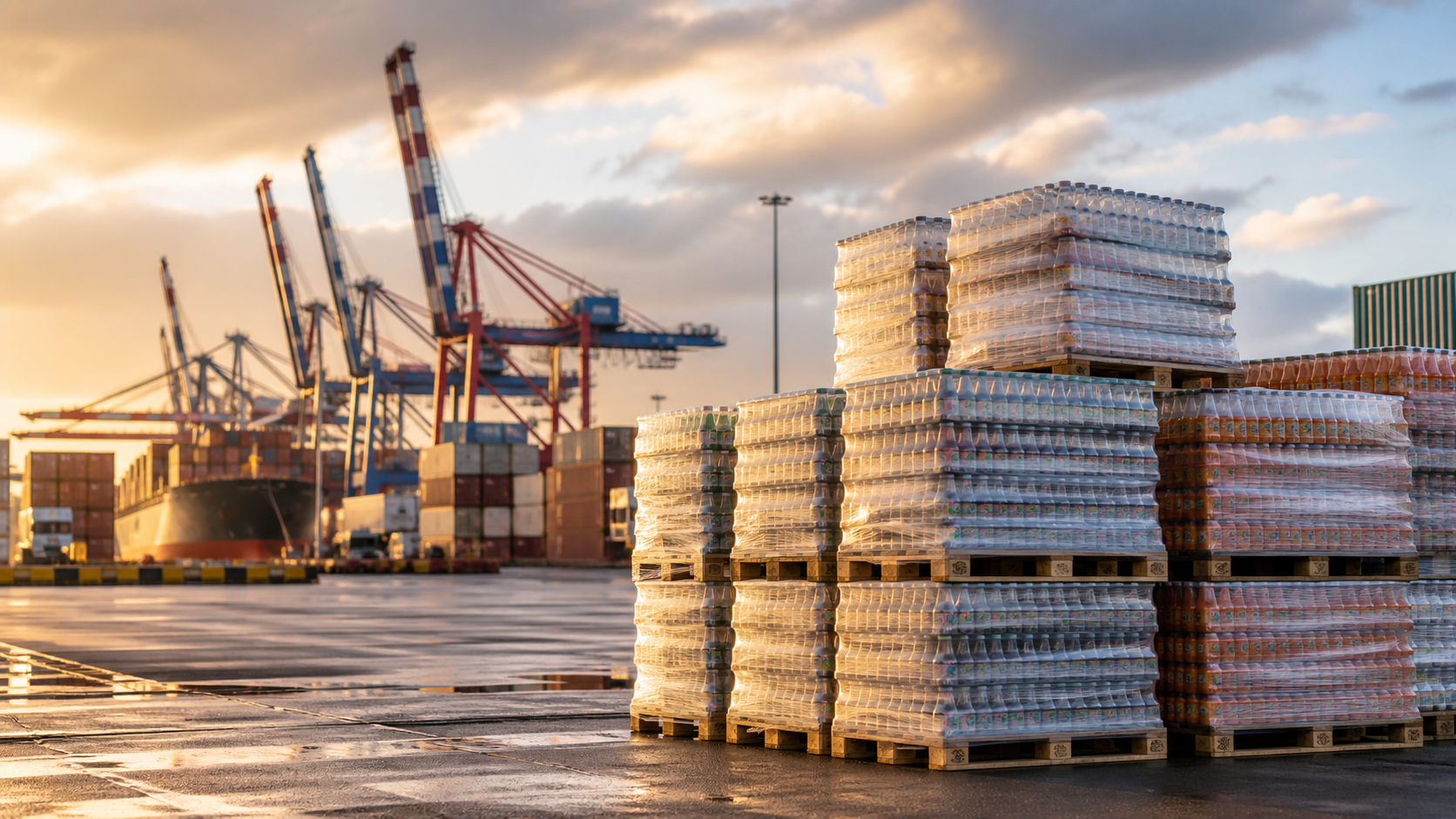 Pallets of beverage cartons at Port of Hamburg container terminal