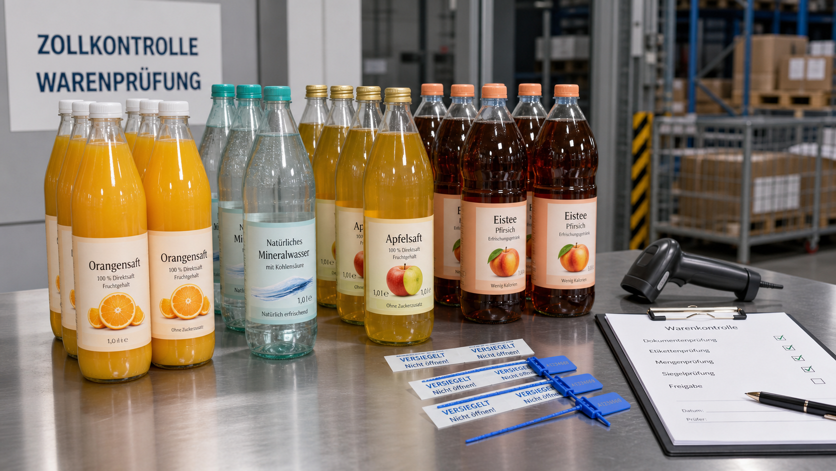 Assorted bottled beverages with German labels ready for customs inspection