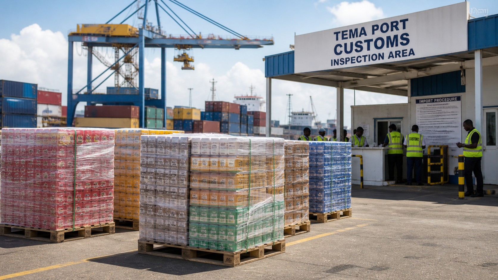 Pallets of assorted beverage cartons at Tema Port customs inspection