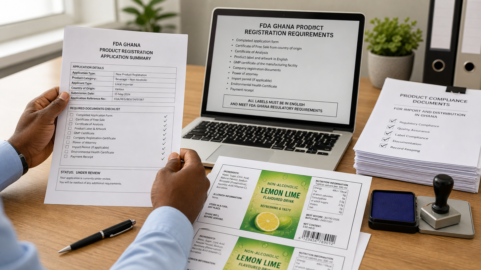Importer reviewing FDA Ghana registration documents and English beverage labels