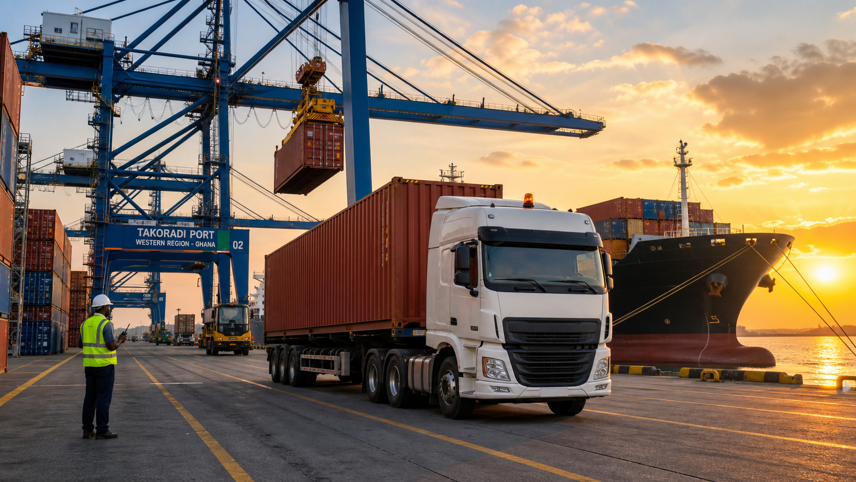 Container truck under cranes at Takoradi Port during beverage import clearance