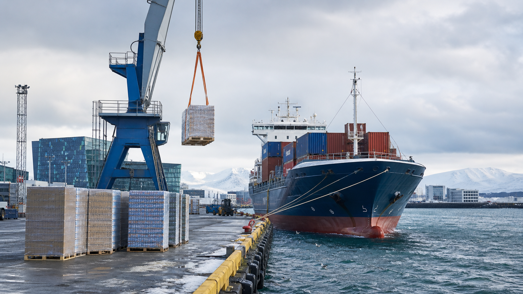 Container ship unloading beverage pallets at Sundahöfn port in Reykjavík