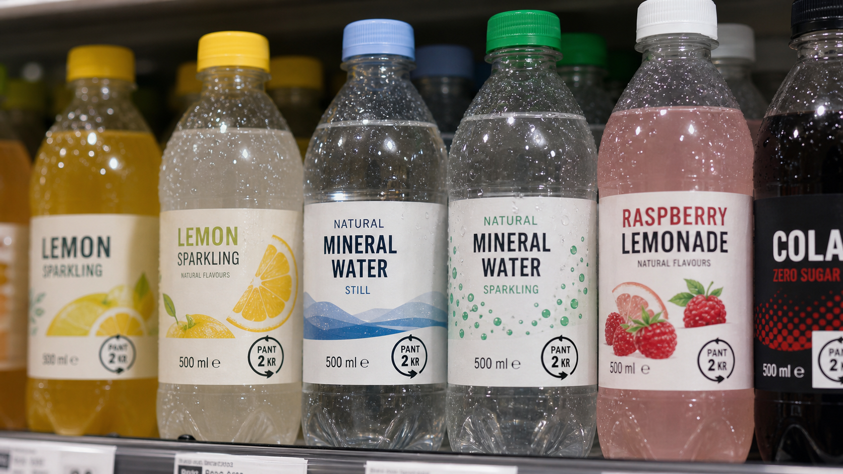 Close-up of PET bottles with Icelandic deposit return labels on shelf