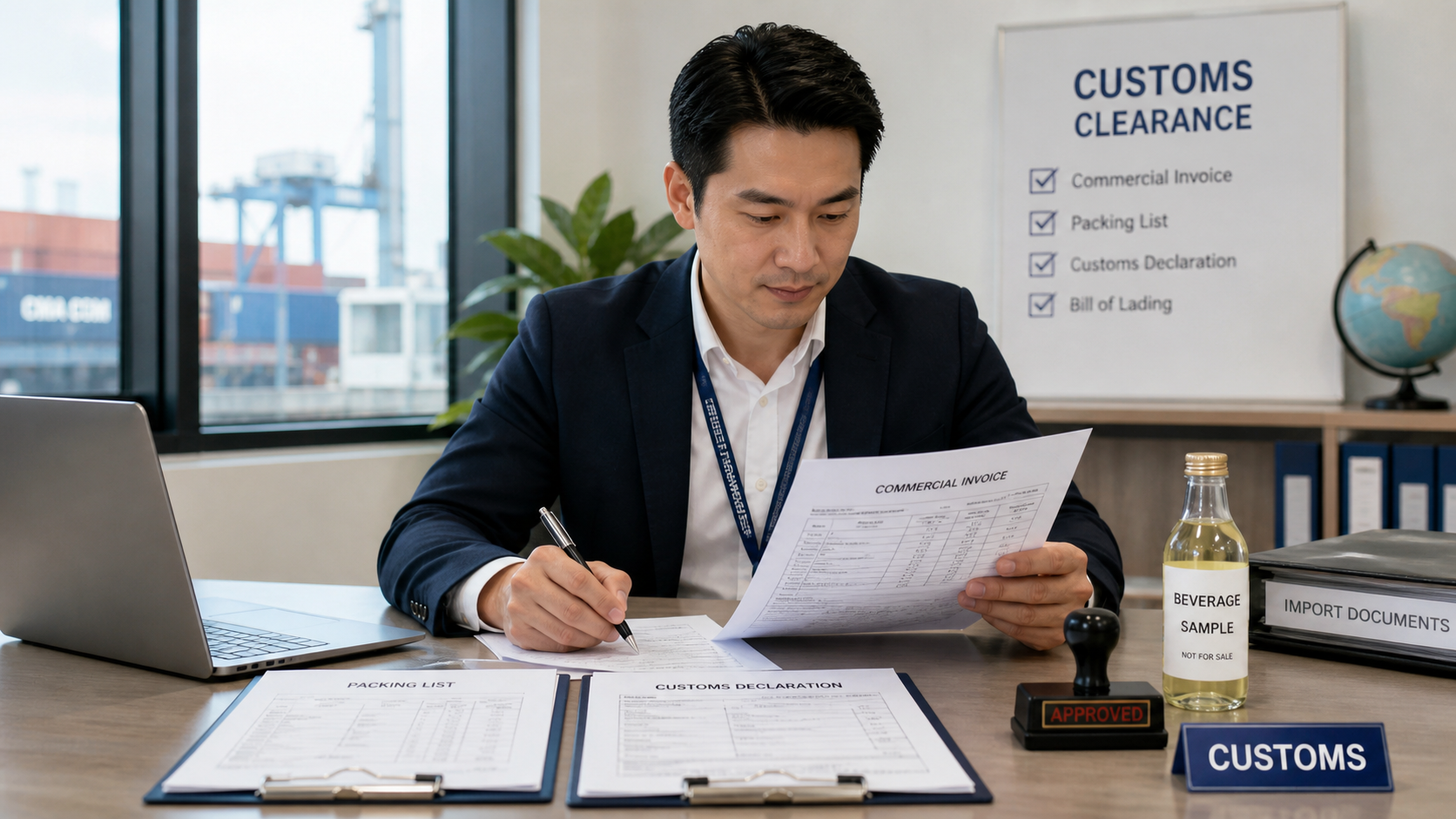 Freight forwarder inspecting beverage shipment documents at customs office