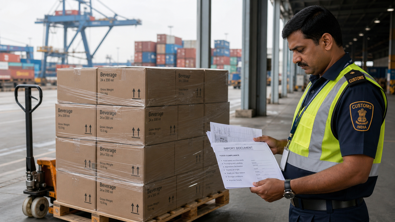 Customs officer checks beverage cartons and FSSAI documents at Indian port