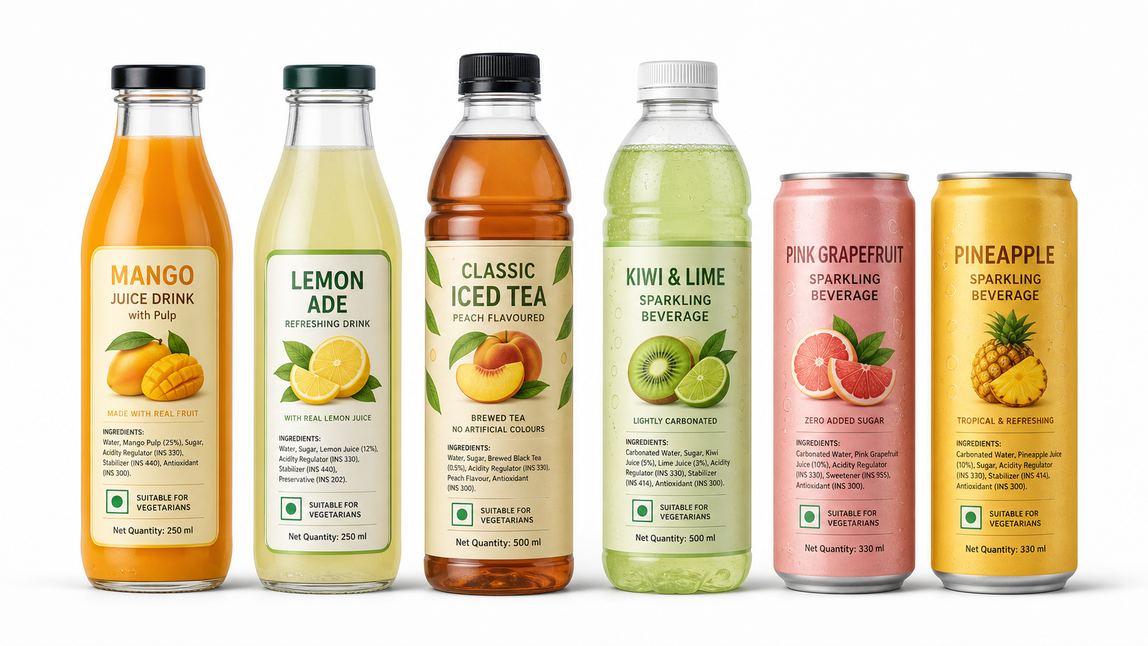 Assorted imported drinks with India compliant labels and veg symbol