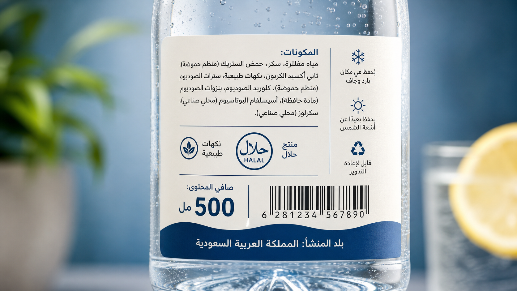 Close-up of halal mark and Arabic ingredients on drink label