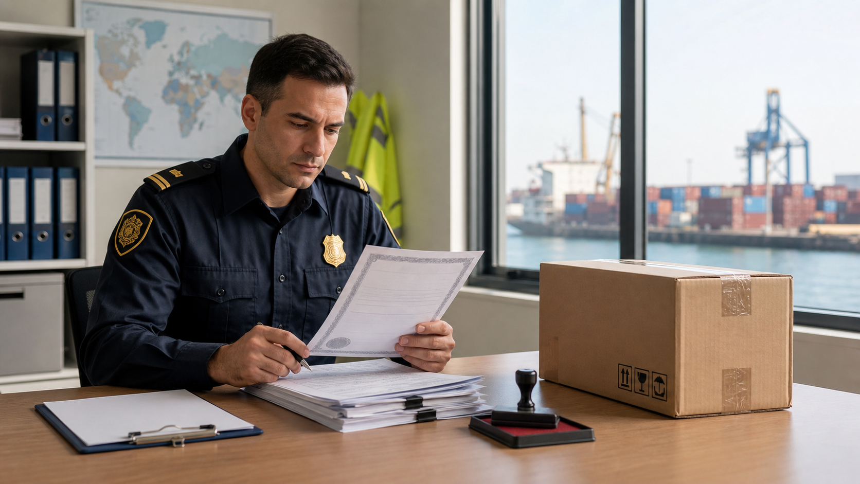 Customs officer checking conformity certificate for beverage shipment