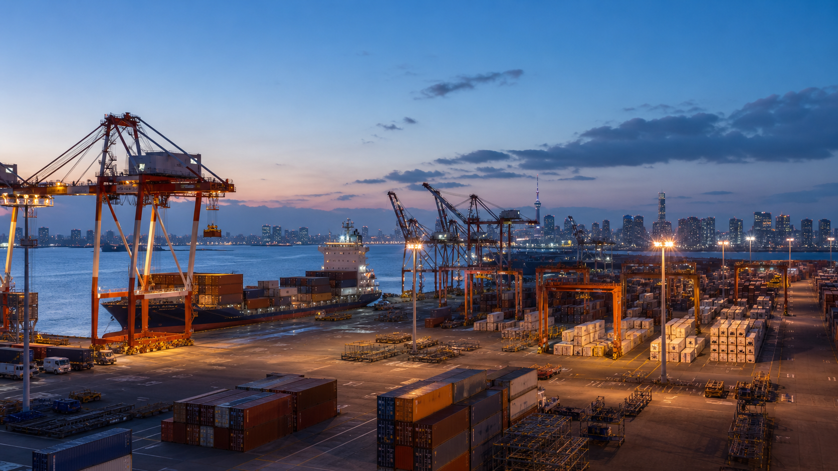 Container terminal at Tokyo Bay handling beverage cargo under evening light