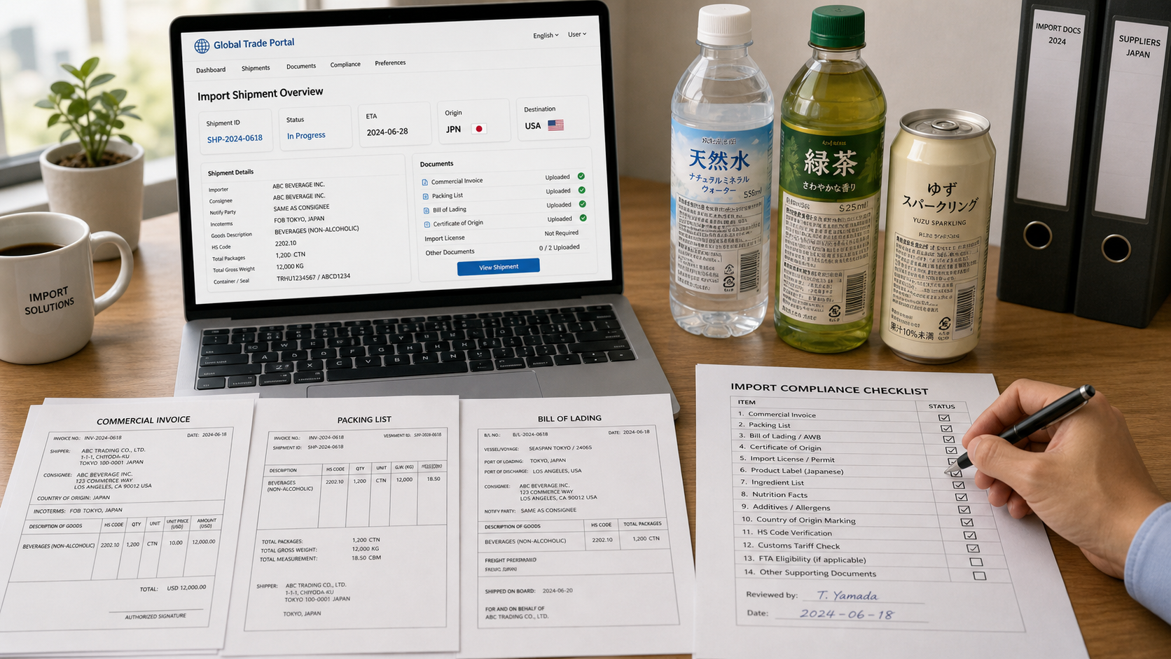 Importer reviewing FAINS submission and Japanese beverage labels at desk
