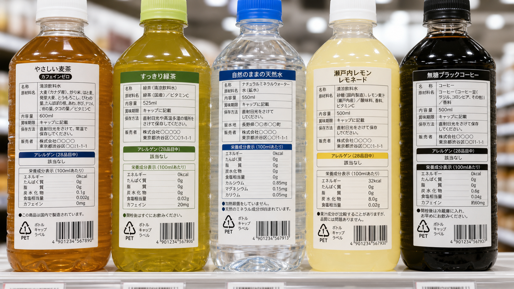 Assorted bottled drinks on shelf with compliant Japanese back labels