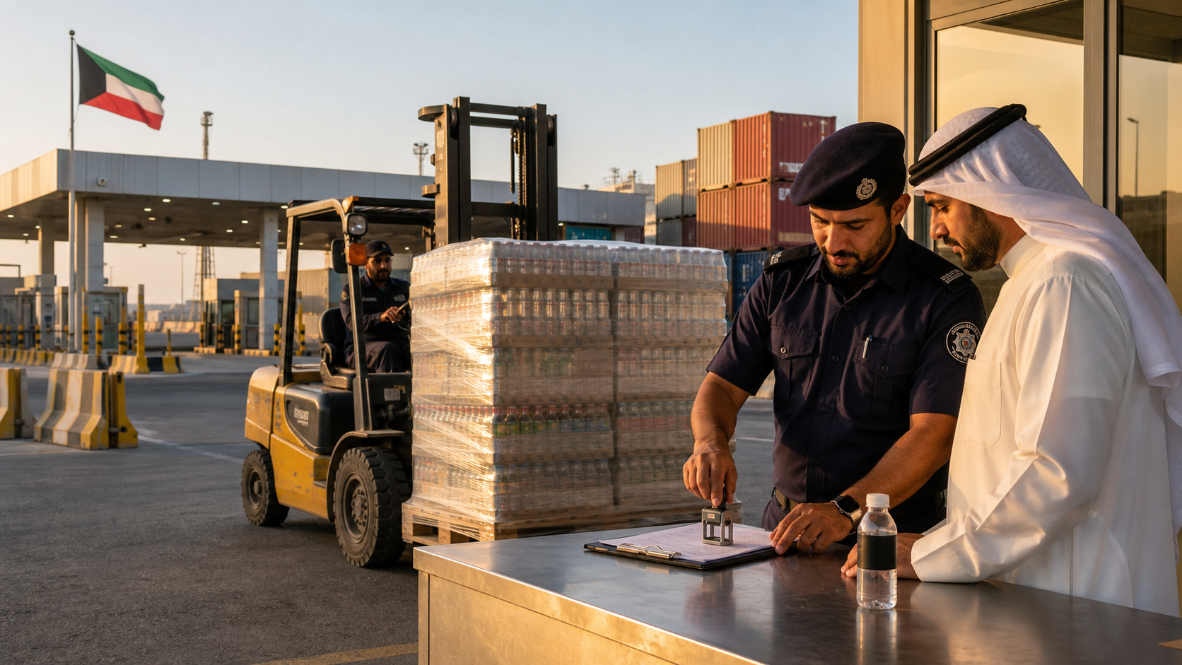 Kuwait port customs inspection for incoming beverage shipment pallets and containers