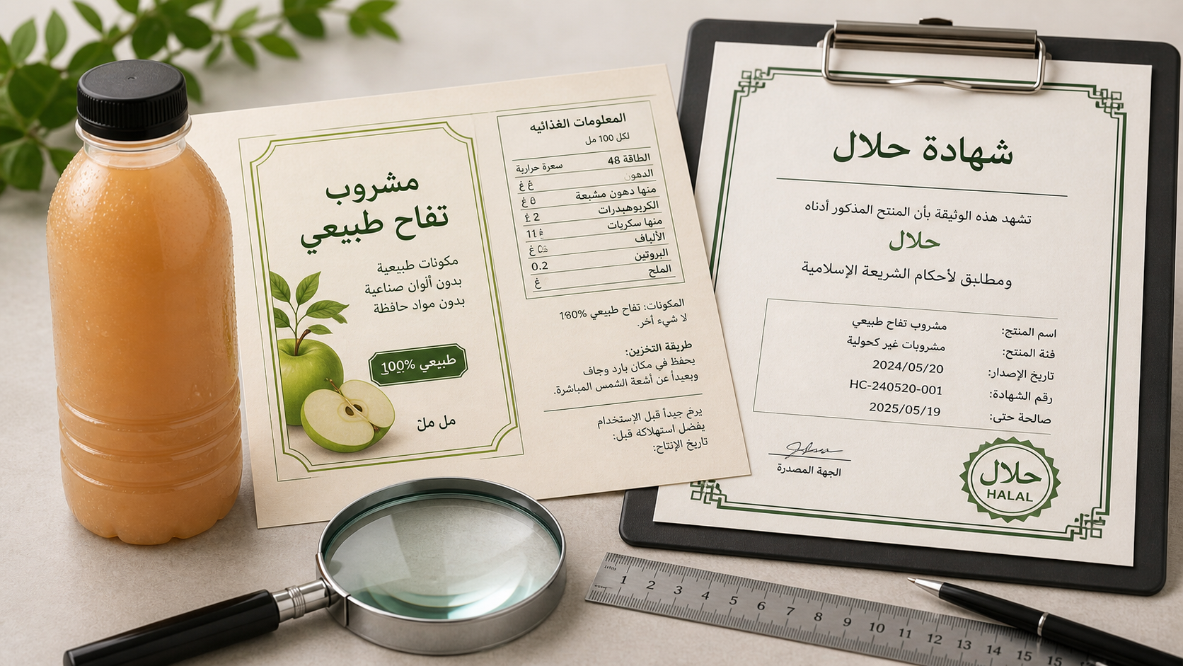 Arabic beverage label compliance review with halal paperwork before shipping