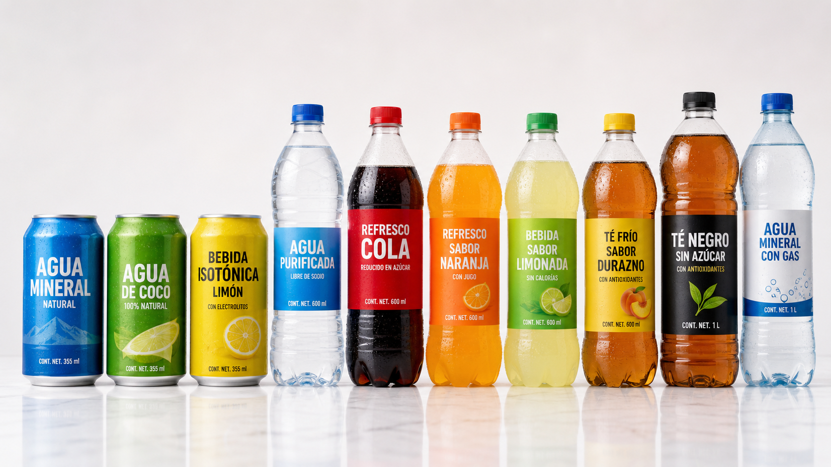 Assorted beverage cans and bottles with Spanish labels for Mexico