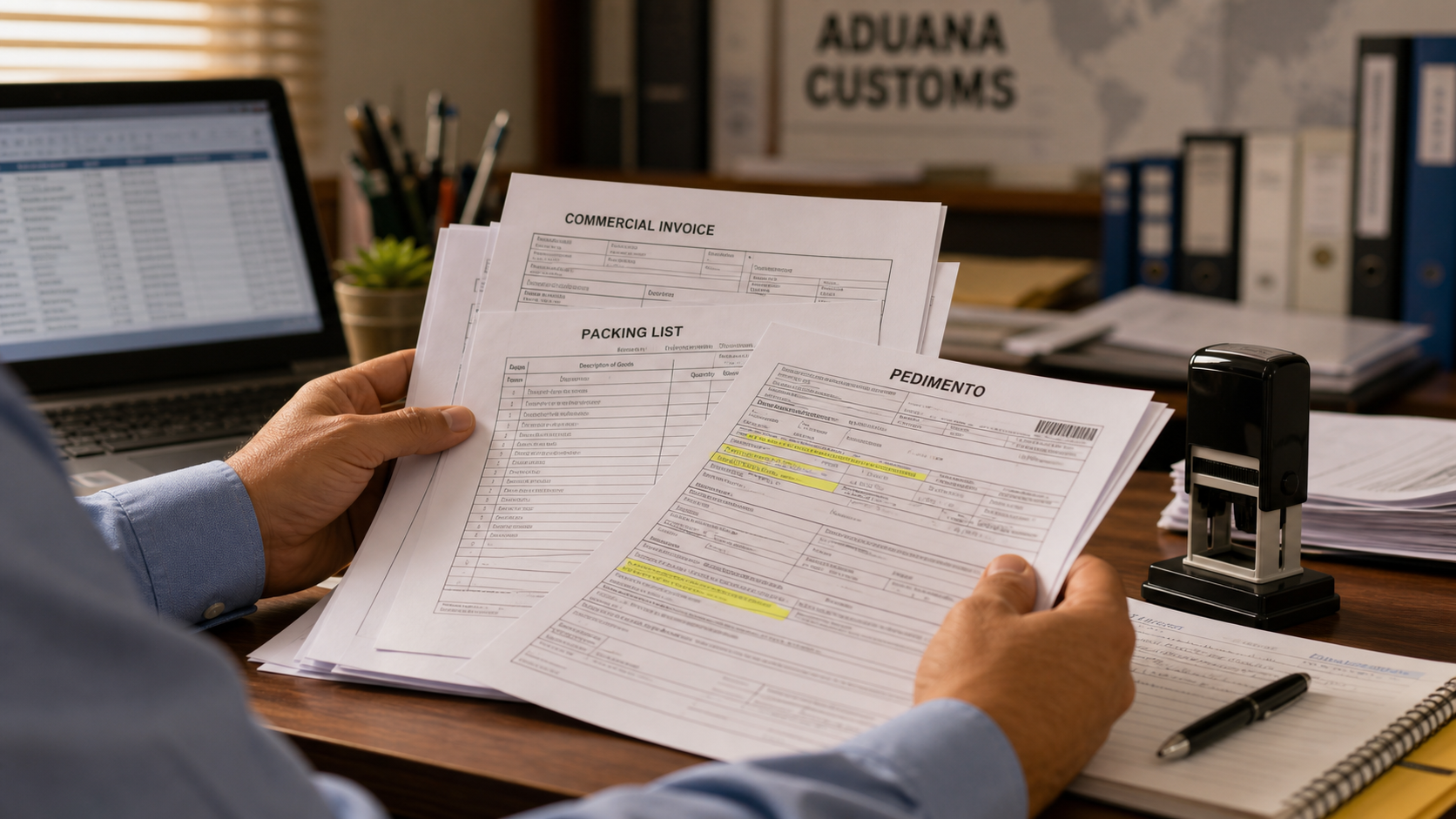 Customs broker reviewing pedimento and import paperwork at Mexico customs desk