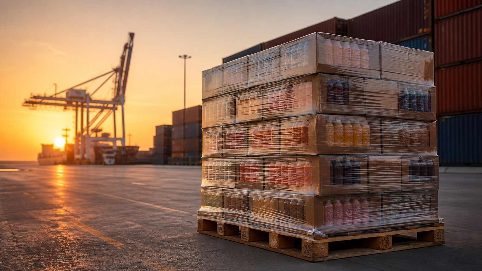 Palletized beverage cartons at Manzanillo port container yard during sunset