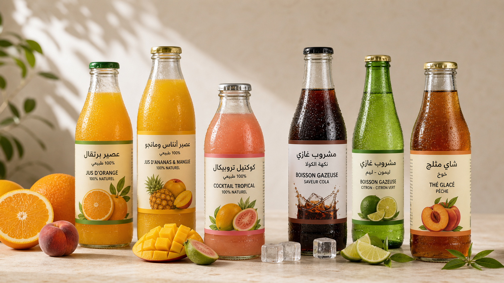 Glass bottles of assorted beverages labeled in Arabic and French
