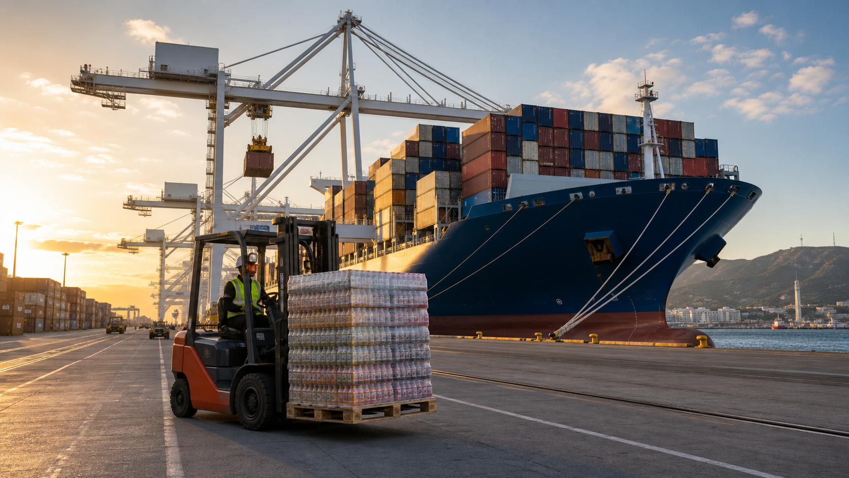 Container ship at Tanger Med Port unloading beverage cargo