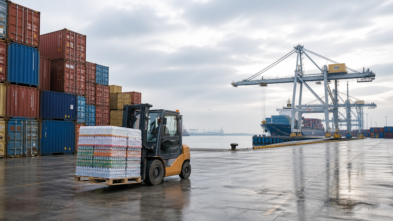 Shipping containers at Port of Rotterdam with beverage pallets