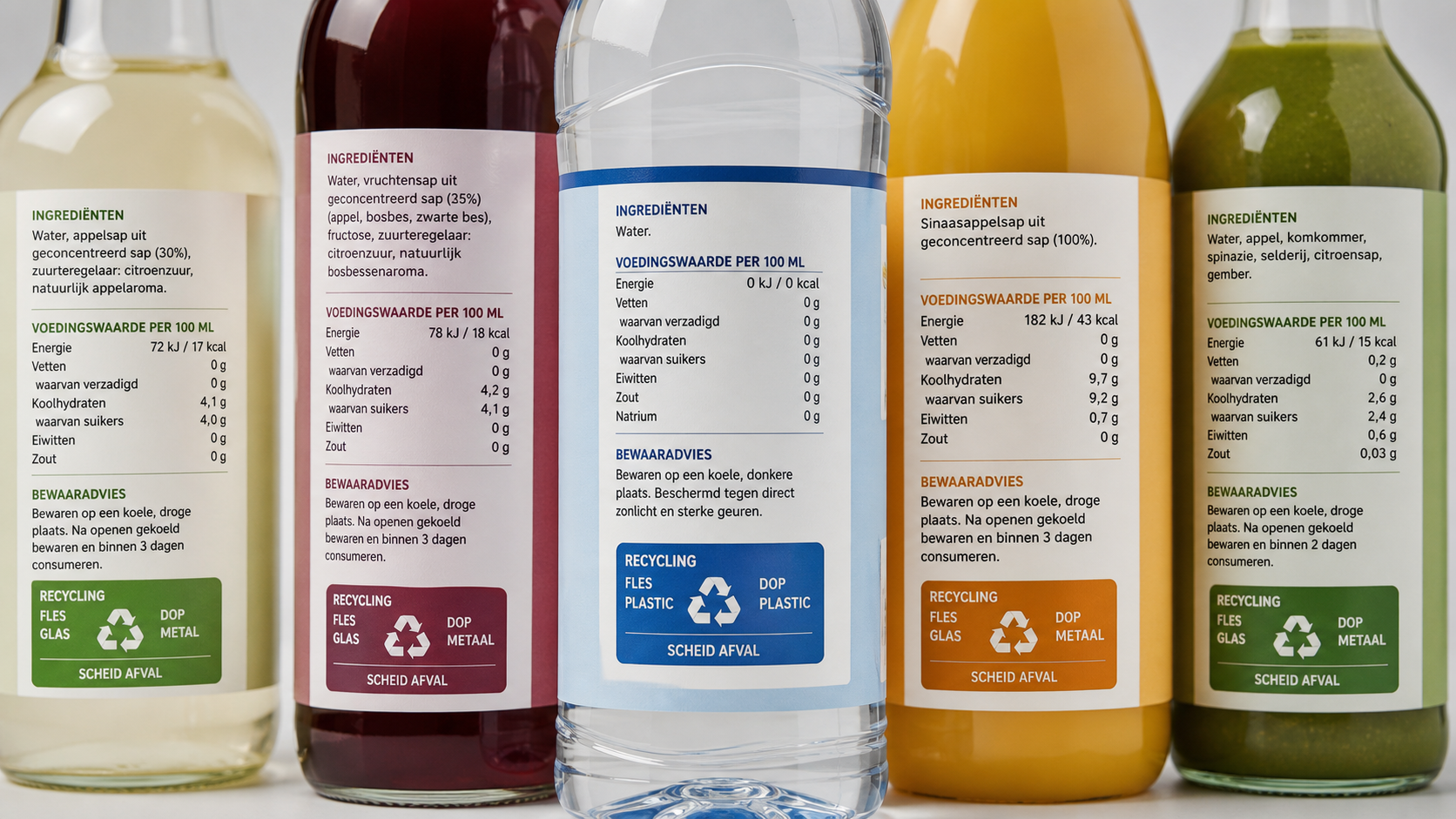 Close-up of beverage labels with Dutch language and recycling icons