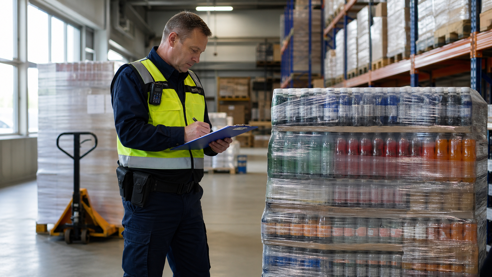 Customs officer checks beverage shipment documents at Dutch warehouse