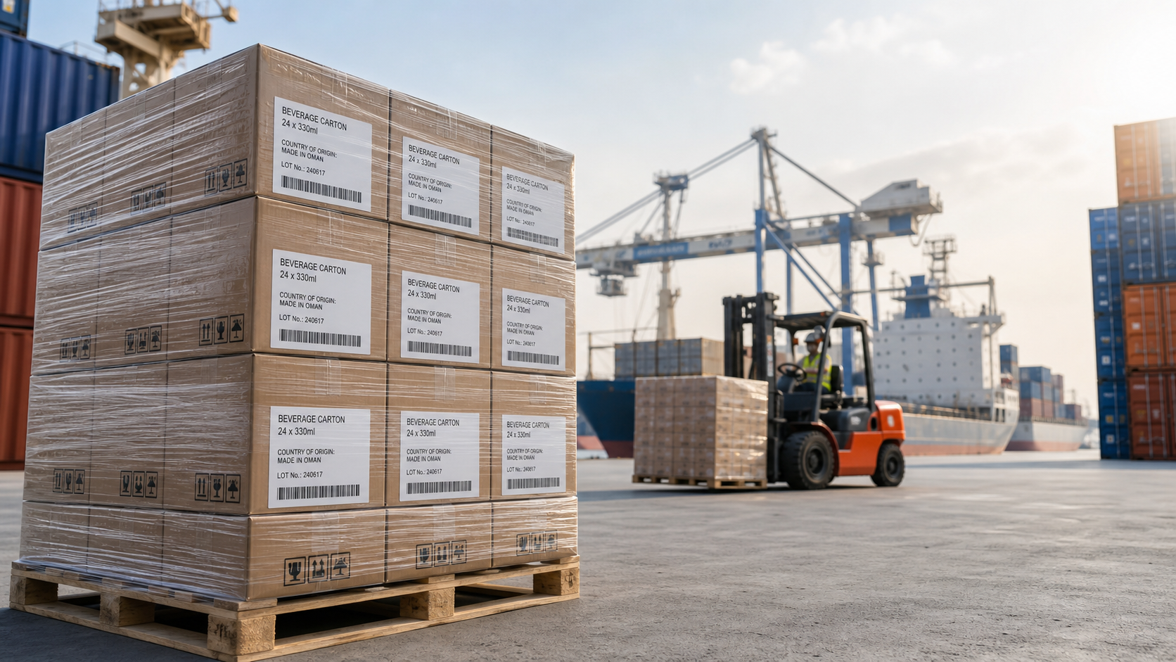 Stacked beverage cartons at Sohar Port, Oman, ready for customs inspection