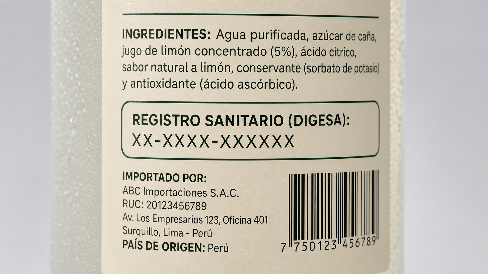DIGESA sanitary registration code printed on Spanish beverage label