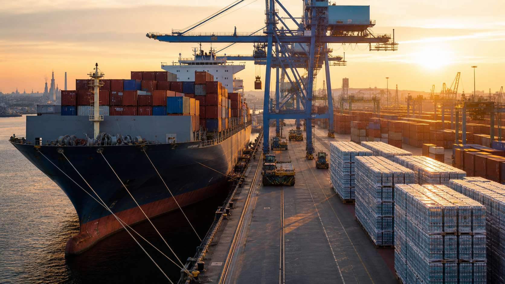 Container ship at Port of Gdańsk handling beverage cargo pallets