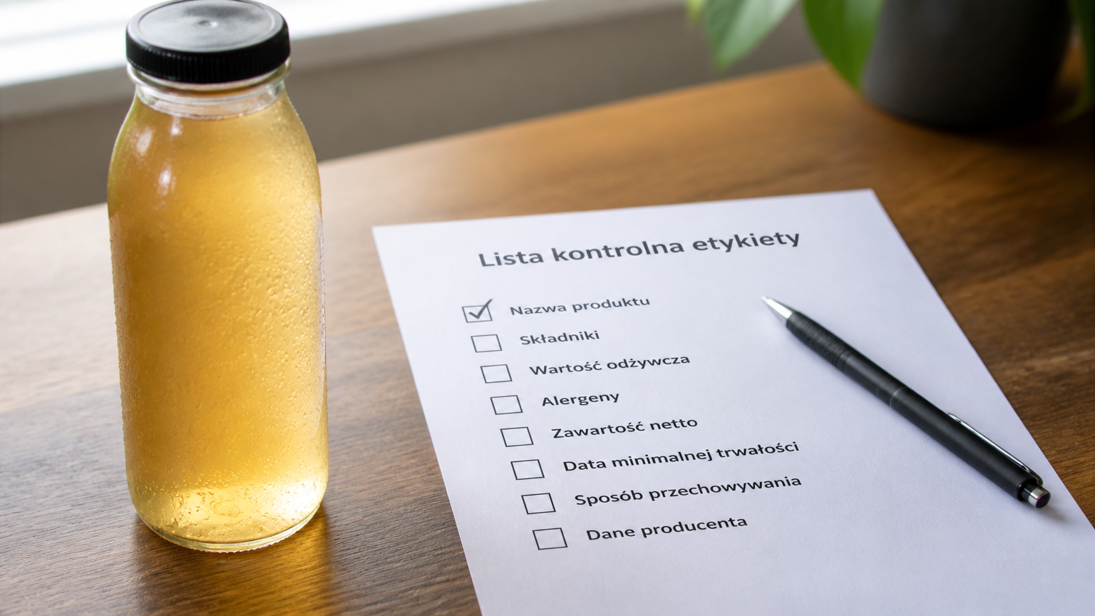 Polish-language beverage label checklist with bottle close-up on table