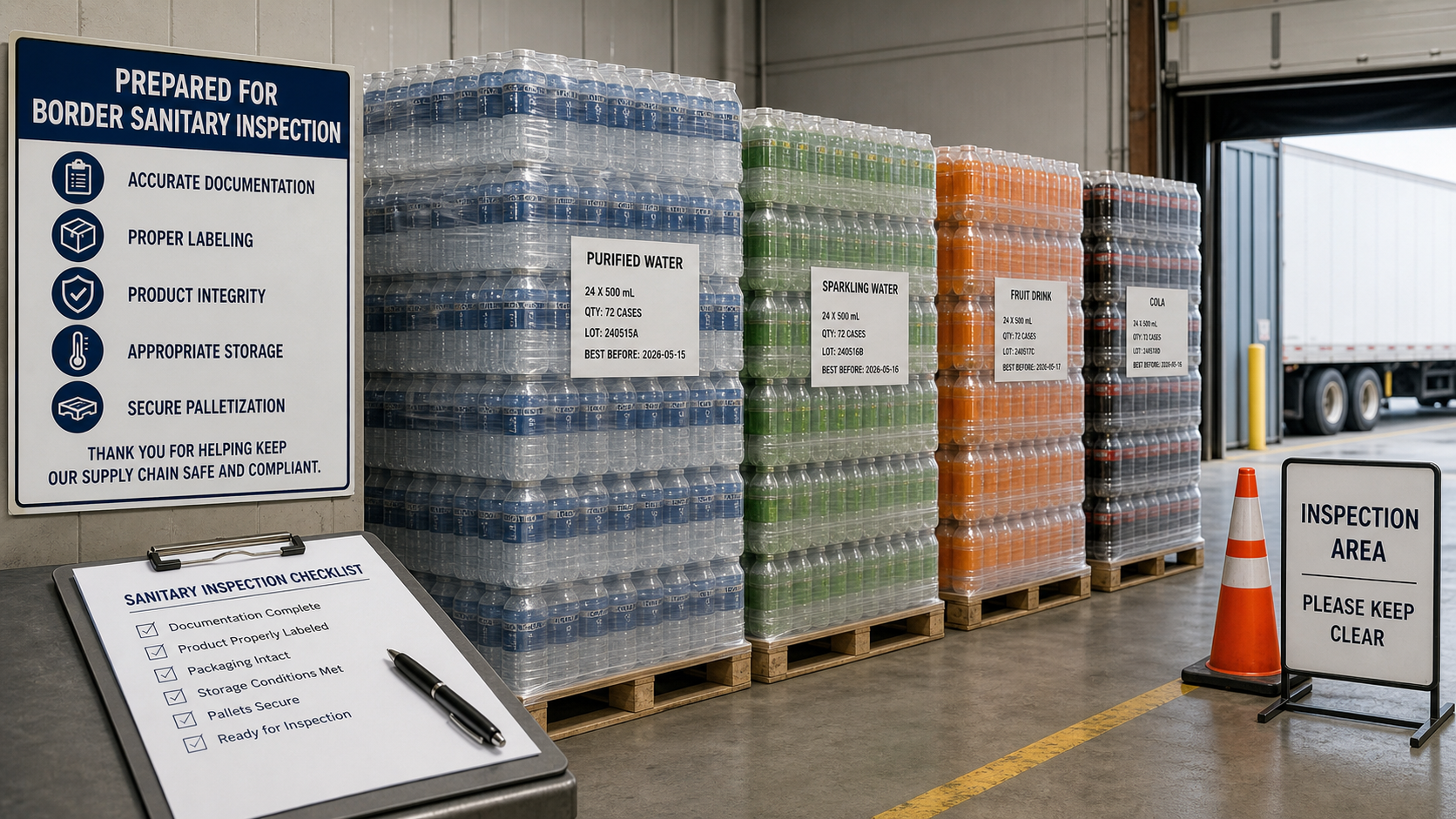 Warehouse staging for GIS border sanitary inspection of drink shipment