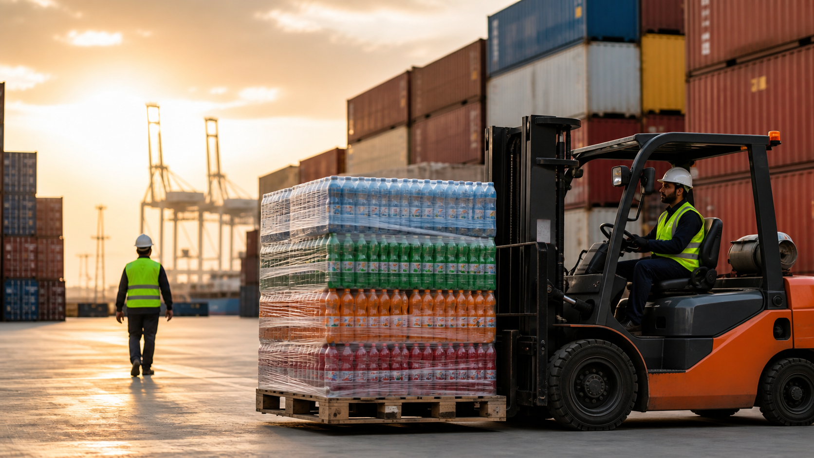 Hamad Port container yard with pallets of bottled beverages ready for import