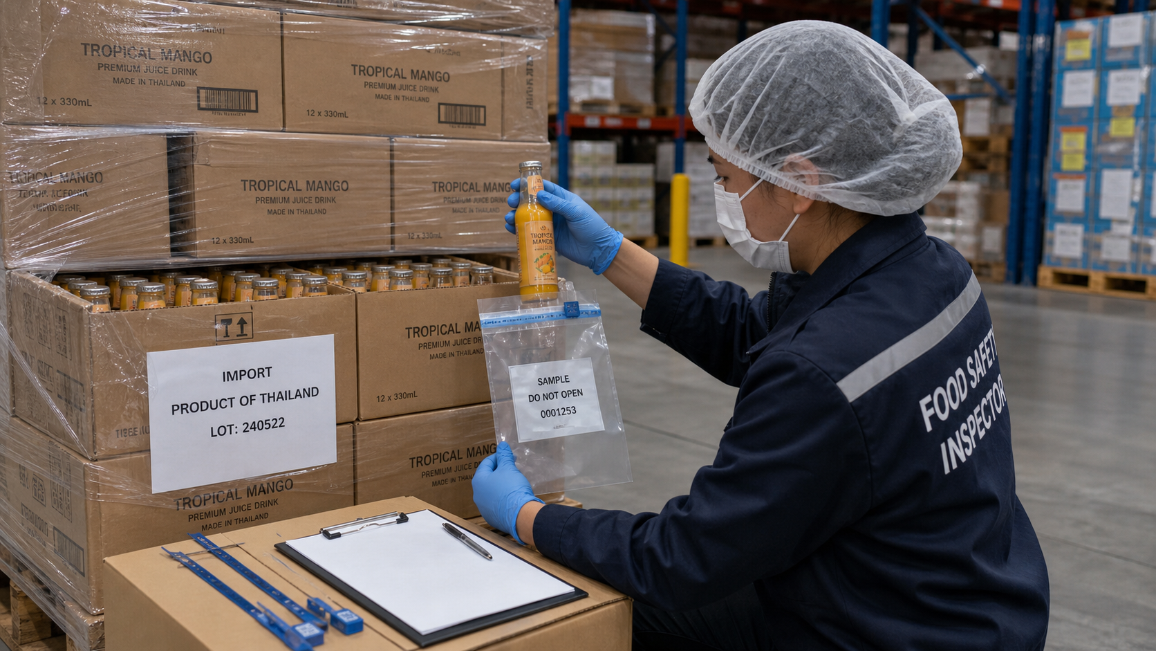 MOPH food inspector sampling imported beverage cartons at Doha warehouse