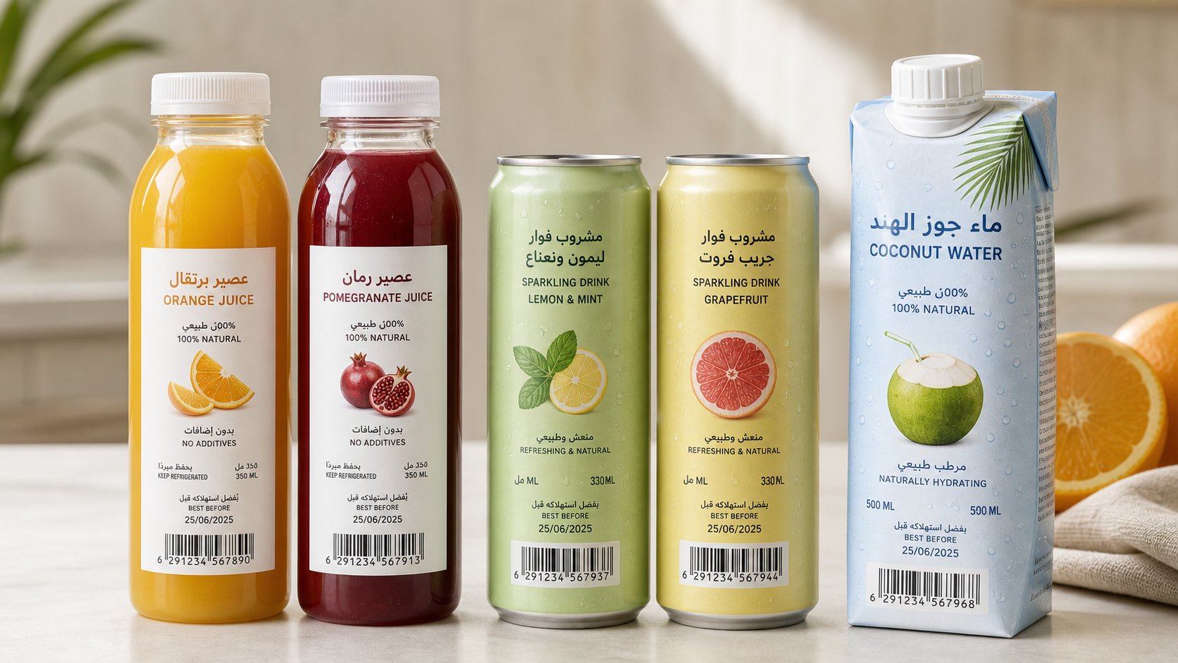 Assorted beverage bottles with Arabic labels prepared for Saudi import