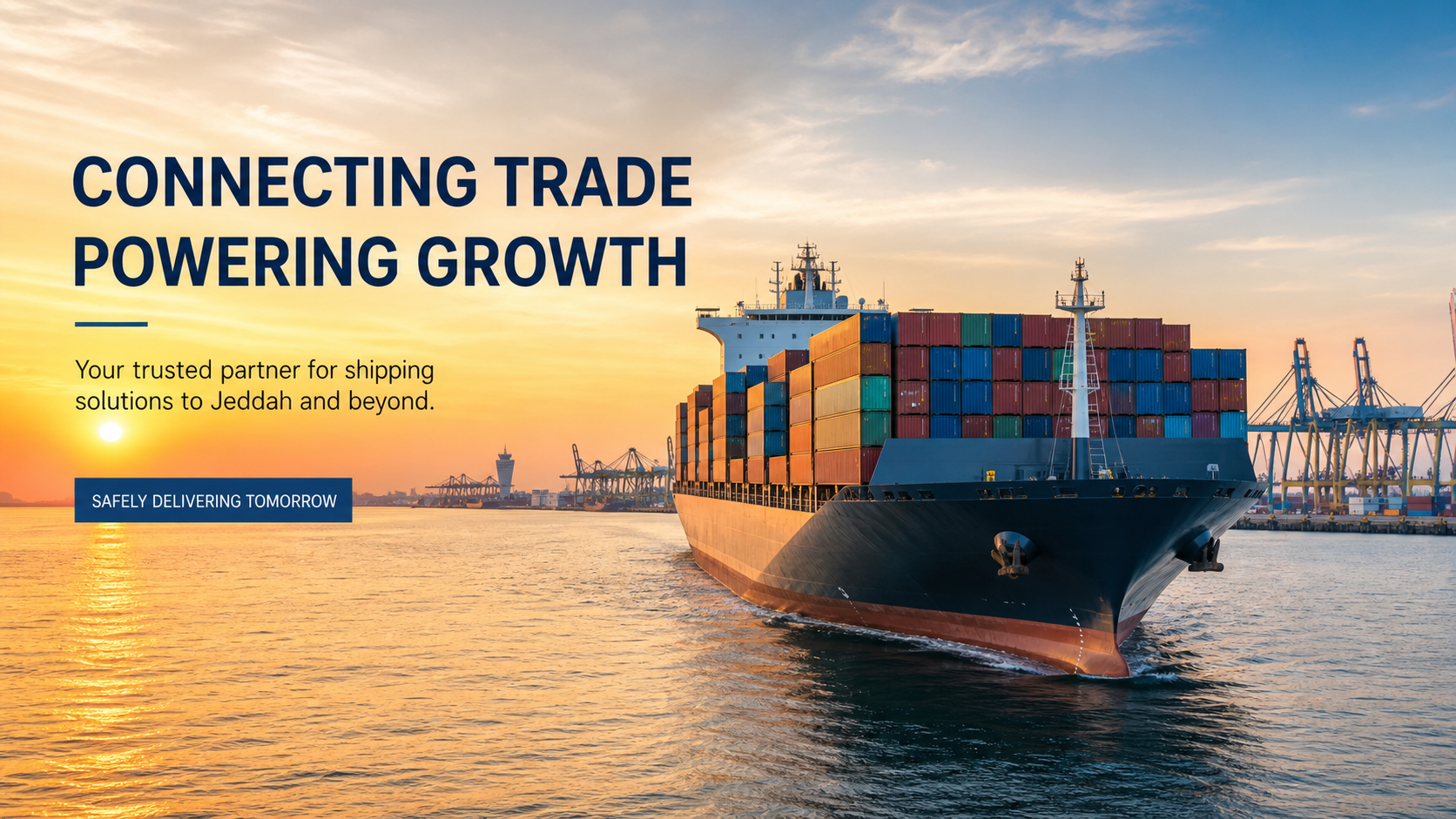 Container ship near Jeddah Islamic Port with beverage containers on deck