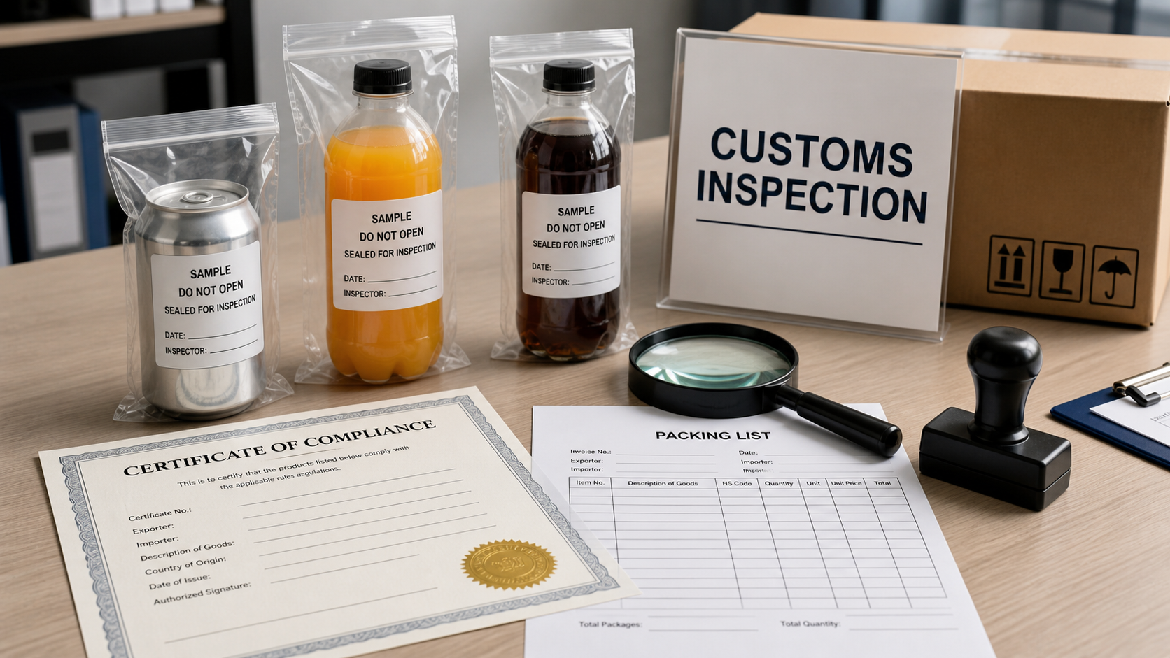 Customs inspection table with beverage samples and compliance documents